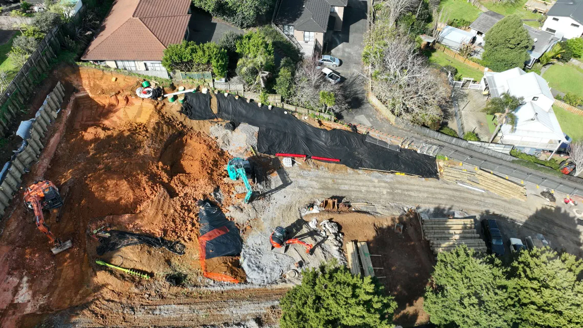 Close aerial view of excavation and retaining at Greenview